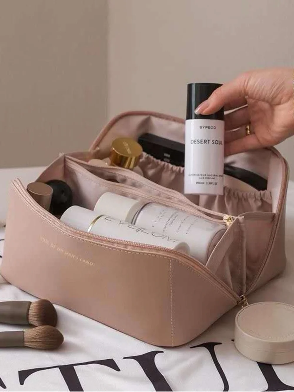 Cream Top-Handle Cosmetic Bag